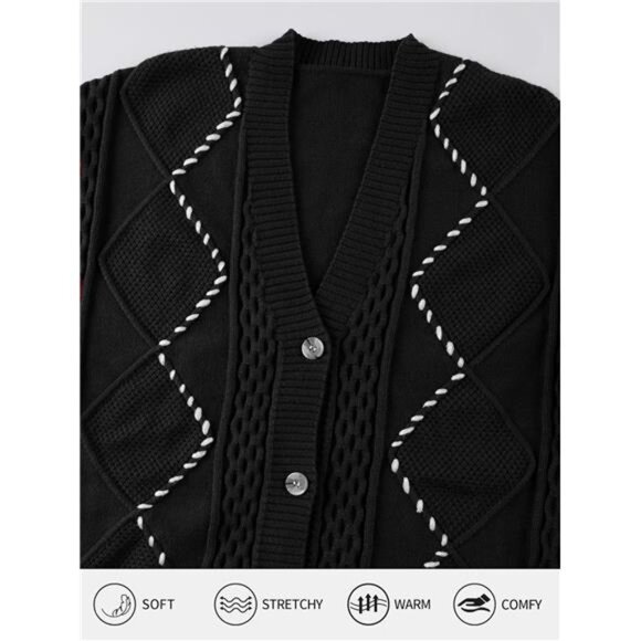 NEW Cable Knit Cardigan Women Chunky Sweater Cardigans Contrast Color - Picture 5 of 6